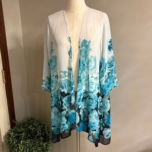Koret teal and White Floral Kimono / coverup open front white black green blues